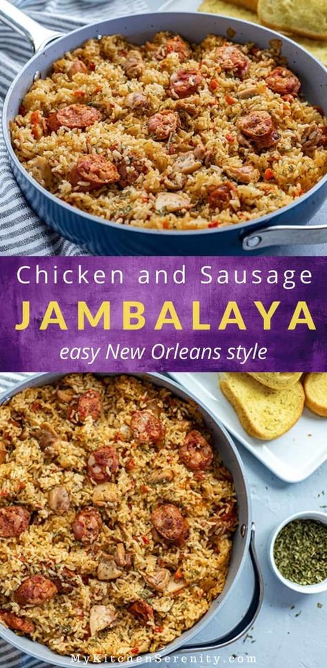 Chicken and Sausage Jambalaya is a family favorite!  Boneless skinless chicken thighs and smoked sausage simmered with onion, bell pepper, and celery (trinity), rice, and lots of Cajun flavors.  This authentic, easy jambalaya recipe is a delicious one pot dish. Not to mention, Mardi Gras wouldn’t be the same without this wonderful Cajun food! You'll enjoy every spicy, savory bite of chicken, sausage, rice, and the perfect blend of seasonings. Bring New Orleans into your own kitchen! Crockpot Chicken Jambalaya, Easy Chicken And Sausage Jambalaya, Best Jambalaya Recipe Cajun, Chicken Sausage Jumbolia Recipes, Jambalaya Recipe Easy Smoked Sausages, Smoked Jambalaya Recipe, Jambalaya Recipe Without Tomato, Easy Chicken And Sausage Recipes, Rice Chicken Sausage Recipe