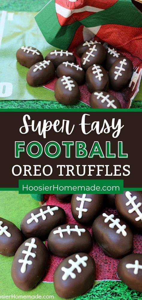 These Football Shaped Oreo Truffles are perfect for Tailgating Parties, a Football Party or even just to snack on during the game. They are super easy to make and take only 4 ingredients. They are my go to for Super Bowl parties as well! They are really simple, but turn out so cute! Oreo Balls Football Super Bowl, Football Snacks Dessert, Football Food Theme Ideas, Cookies For Football Party, Football Truffles Oreo, Oreo Balls Football, Essen, Football Treats Ideas, Oreo Ball Footballs