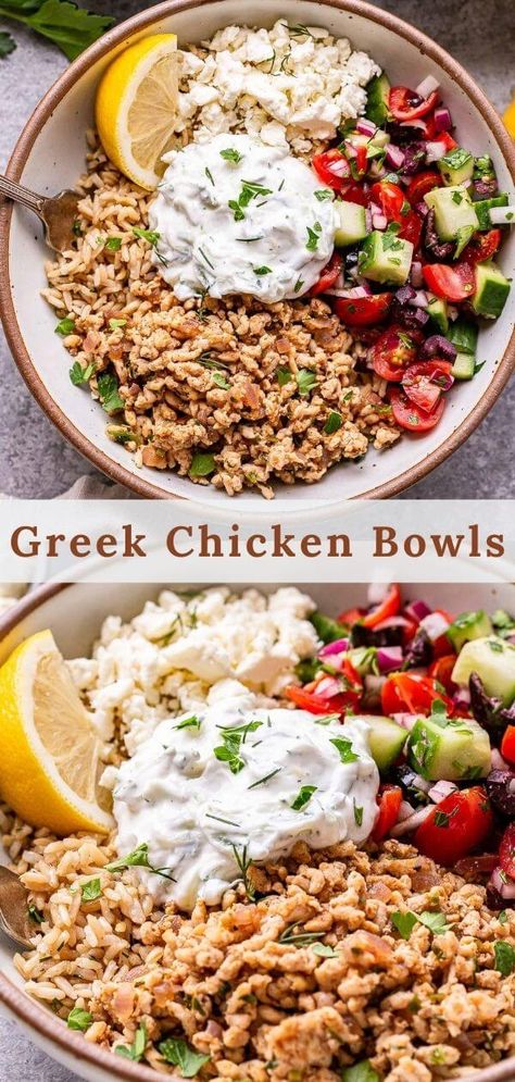 Lemon Dill Rice, Greek Bowls, Dill Rice, Greek Chicken Bowls, Chicken Cucumber, Chicken Greek, Bowls Healthy, Rice Healthy, Mediterranean Diet Recipes Dinners