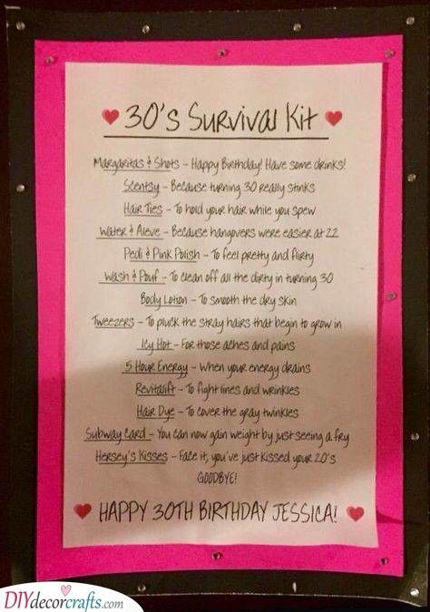 A Hilarious Survival Kit - Perfect for Your Thirties 30 Birthday Survival Kit, 30th Birthday Survival Kit For Her, Presents For Boyfriend Ideas, 30th Birthday Present Ideas, Birthday Gifts For Girlfriend Diy, Diy Survival Kits, 30th Birthday Gift Baskets, Birthday Presents For Boyfriend, 30th Birthday Present