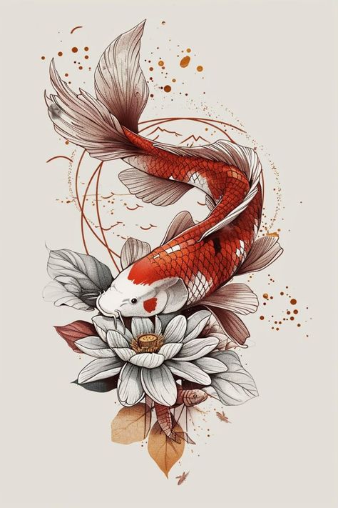 Koi Fish Tattoo Japanese Style, Koi Fish With Flowers, Tattoo Japanese Style, Koi Fish Tattoo, Carpe Koi, Japanese Art Prints, Tattoo Drawing, Floral Tattoo Design, Tattoo Style Drawings