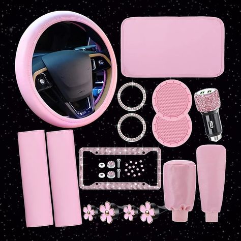 15 Pcs Car Accessories Set Leather Steering Wheel Cover Seatbelt Cover Center Console Pad Bling Car Ring Sticker USB Charger Flower Air Vent Clip #amazonassociate #amazonaffiliate #allpink #pinkdecor #ilovepink #pink #pinkeverything #pinkseatbeltcover #pinkdecorforrooms #dreamdecor #pinkcar #pinkAccessoriesforcars #pinkcovers #carcoverspink #pinkcarcovers Pink Car Interior, Pink Car Seat Covers, Pink Steering Wheel Cover, Ring Sticker, Leather Steering Wheel Cover, Seatbelt Cover, Car Wheel Cover, Pink Car Accessories, Bling Car