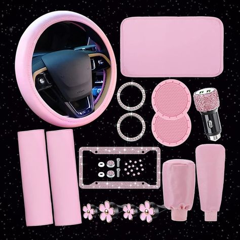 15 Pcs Car Accessories Set Leather Steering Wheel Cover Seatbelt Cover Center Console Pad Bling Car Ring Sticker USB Charger Flower Air Vent Clip #amazonassociate #amazonaffiliate #allpink #pinkdecor #ilovepink #pink #pinkeverything #pinkseatbeltcover #pinkdecorforrooms #dreamdecor #pinkcar #pinkAccessoriesforcars #pinkcovers #carcoverspink #pinkcarcovers Pink Car Interior, Pink Steering Wheel Cover, Pink Car Seat Covers, Ring Sticker, Pink Vibe, Leather Steering Wheel Cover, Car Wheel Cover, Seatbelt Cover, Pink Car Accessories