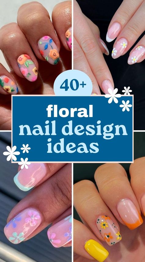 summer nail design ideas Manicure Ideas With Flowers, Short Gel Nails Floral, Flower Designs On Short Nails, Floral Nail Designs Square, Spring Nail Short Nails, Square Flower Nail Designs, Spring Flower Nail Designs Simple, Floral Gel Nails Short, Gel Nail Spring Designs