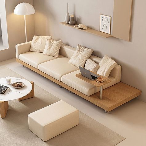 Sofa Japandi Style, Japandi Sofa Living Room, Misc Organization, Minimal Couch, Interior Japandi, Japanese Sofa, Bed With Desk Underneath, Japandi Sofa, Git Gud