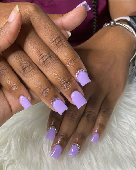 Expensive Acrylic Nail Designs, Purple Kaws Nails Short, Plain And Glitter Nails, Calm Acrylic Nails, Purple Overlay Nails, Baddie Short Acrylic Nails Square White, Short Acrylic Nails Square Vacation, Cute Short Nails Black Women, Acrylic Nails Short Glitter