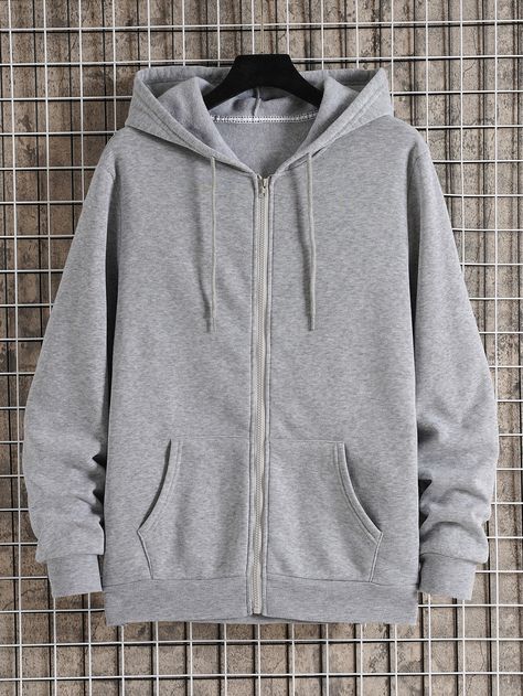 Light Grey Casual Collar Long Sleeve Fabric Plain Zip Up Embellished Slight Stretch  Men Hoodies & Sweatshirts Grey Zip Up Hoodie Outfit, Hoody Outfits, Hoodie Outfit Men, Grey Hoodie Men, Interesting Clothes, Fits Ideas, Thermal Hoodie, Loose Hoodie, Stylish Hoodies