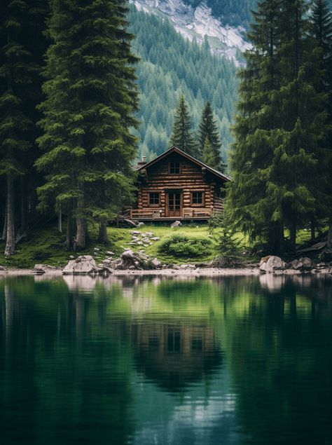 A serene lakeside cabin with deep navy waters reflecting the twilight sky, surrounded by an emerald forest. Cabins In The Woods Near Water, House In Forest Cottages, Forest Cabin Interior, Cabin In Forest, Home In The Forest, Cute Cabin, Cabin In The Forest, Cabin Forest, Lakeside House