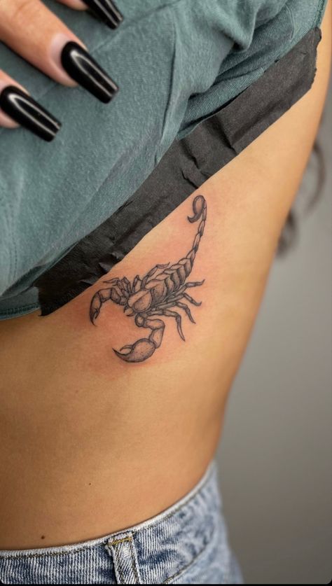 Scorpion Tattoo On Ankle, Rib Scorpion Tattoo, Scorpion Hip Tattoos Women, Detailed Scorpion Tattoo, Spine Tattoos For Women Scorpio, Corpse Bride Flower Tattoo, Large Scorpion Tattoo, Women Scorpio Tattoo, Scorpio Red Tattoo