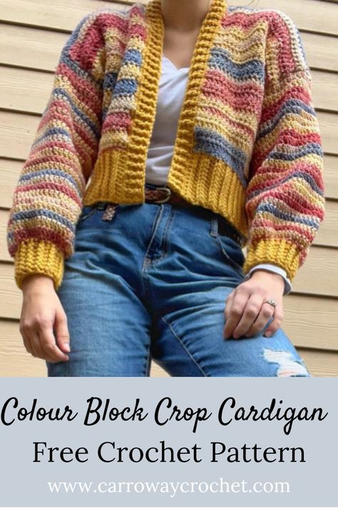 Model wearing a crop crochet cardigan in warm colour tones Crochet Scrap Cardigan Pattern Free, Crochet Colour Block Sweater, Crochet Woman Cardigan Free Pattern, 3 Color Crochet Cardigan, Crochet Scrap Cardigan Pattern, Free Crochet Jacket Patterns For Women, Knit Crop Cardigan Pattern Free, Crochet Granny Cardigan Pattern Free, Crochet Patchwork Cardigan Free Pattern