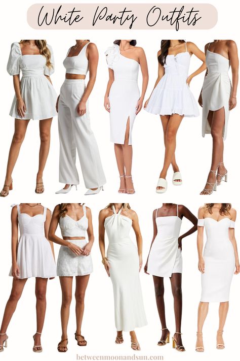 Find your perfect outfit for an All-White Party or a Bridal Party. Stunning and elegant cocktail dresses that ensure the perfect look. Find your perfect fit: classy chic, bold, sexy, casual, or romantic. Let's dive into the world of whites! #CocktailDresses #AllWhiteParty #WhitePartyDress #WhitePartyOutfit #BridalDresses #WhiteOutfit White Casual Outfit For Party, Semi Formal All White Outfits, White Garden Party Outfit, White Party Dresses For Women, All White Dinner Party Outfit, All White Wedding Guest Outfit, White Dress Outfit Party Night Classy, Dinner En Blanc Outfit, White Yacht Party Outfit