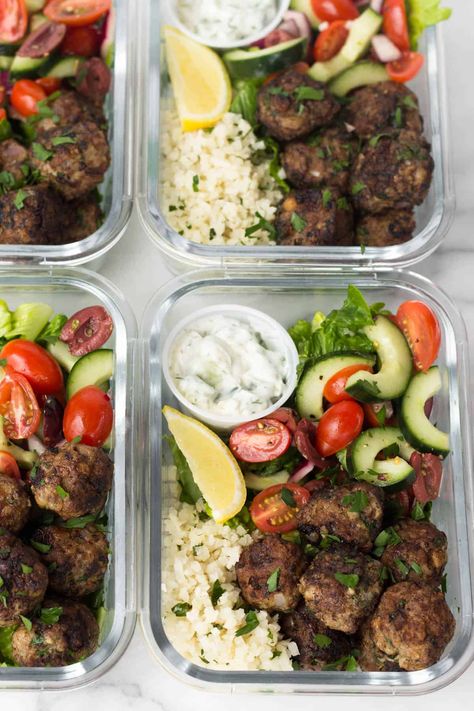 Salad Cauliflower, Meatball Bowls, Lamb Meatballs Greek, Greek Lamb, Homemade Tzatziki Sauce, Meal Prep For Beginners, Homemade Tzatziki, Lamb Meatballs, Meal Prep Recipes