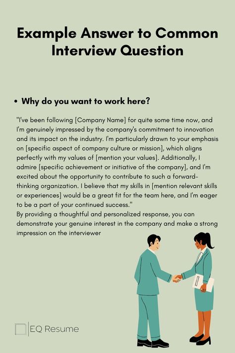 Boost your interview performance with EQ Resume! Explore an example answer to a common interview question and learn how to impress employers. #interviewtips #EQResume #careeradvice #jobsearch #interviewquestions #interviewprep #careerdevelopment #jobhunt #professionalgrowth #interviewsuccess In Person Interview Tips, Questions To Ask Your Interviewer, Describe Yourself In 3 Words Interview, Common Interview Questions And Answers, Job Interview Tips Answers, Nursing Interview Questions And Answers, Questions To Ask During A Job Interview, Interview Tips Questions And Answers, How To Answer Interview Questions