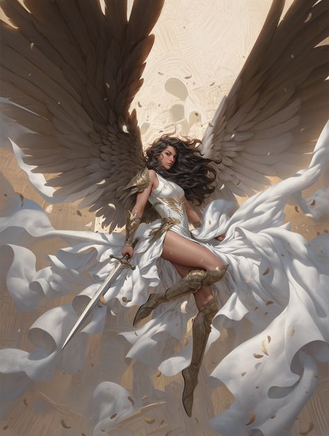 @mhchin Fantasy Valkyrie Art, Aasimar Female Dnd, Woman With Wings Drawing, Angel Warrior Female Goddesses, Fallen Aasimar Female, Female Angel Warrior, Demon Angel Wings, Demon With Wings, Goddess Character Design
