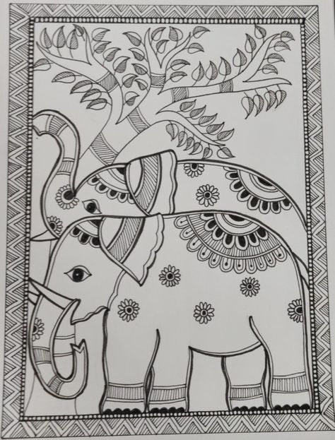 Madhubani Painting Outline, Madhubani Painting Elephant Easy, Madhubani Painting Drawing, Madhubani Painting Sketches, Easy Folk Art Drawing, Elephant Madhubani Art, Madhubani Pencil Drawing, Simple Kalamkari Painting, Madhubani Paintings Elephant