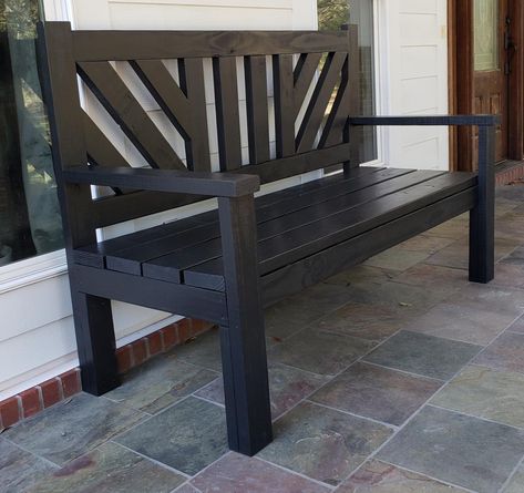 Porch Benches Outdoor, Wood Bench Diy Outdoor, Diy Front Porch Chairs, Outdoor Benches Front Porch, Front Bench Porch Ideas, Wood Bench Front Porch, Diy Wood Bench With Back, Front Porch Bench Ideas Wood, Modern Porch Bench