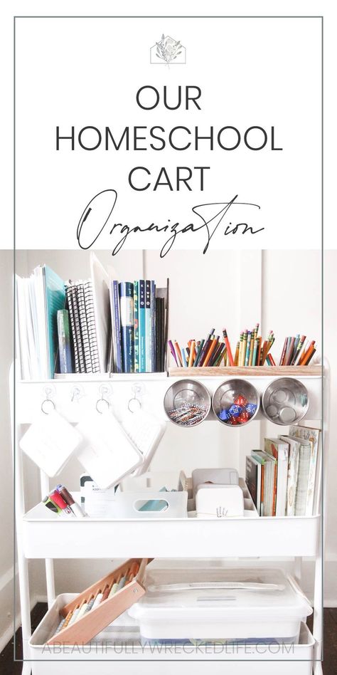 We finally made the switch to a 3-tiered rolling homeschool cart, and today on the blog I'm giving you a tour of our homeschool cart organization! Homeschool Organization | Homeschooling in Small Spaces | Homeschool Curriculum Organization | Homeschool Supplies | Organizing Our Homeschool Cart | Rolling Cart Home School Storage Small Spaces, Small House Homeschool Space, Homeschool Trolley, Home School Organization Aesthetic, Homeschool Cart Storage, Best Homeschool Supplies, Minimal Homeschool Organization, Homeschool Subject Organization, Minimalist Homeschool Organization