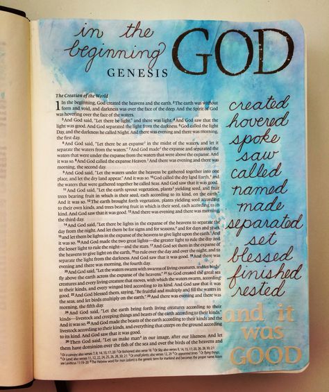My first Bible journaling page. I have been studying Genesis and was so amazed to see how active and intentional God was in His work of creation. Studying Genesis, Genesis Bible Study, Genesis Creation, Creation Bible, Genesis Bible, Psalm 119 11, Bible Journal Notes, Bible Study Journal, Daily Bible Study