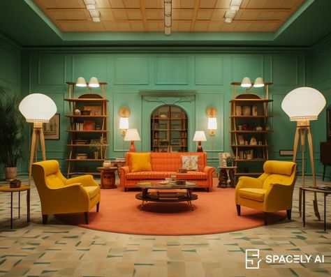 Wes Anderson’s Cinematic Magic: Influencing Interior Design | by Parin S. | Spacely AI | Medium Wes Anderson Aesthetic Architecture, Cinematic Interior Design, Wes Anderson Aesthetic Bathroom, Wes Anderson Interior Design Living Room, Wes Anderson Office Aesthetic, Wes Anderson Cafe, Wes Anderson Aesthetic Interior, Wes Anderson Room Inspiration, Wes Anderson Bedroom Aesthetic