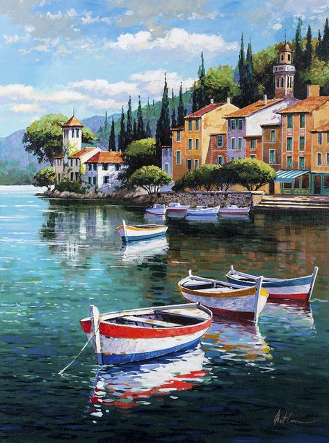 ARTfocus Publishing | Anatoly Metlan Art Mediterranean Paintings, Seascape Canvas, Soyut Sanat Tabloları, Boat Art, Landscape Art Painting, Boat Painting, Lukisan Cat Air, Nature Art Painting, Painting Art Projects