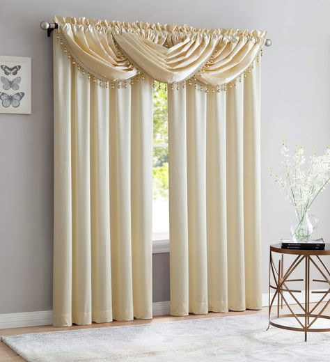 PRICES MAY VARY. Each set includes 2 crushed satin curtain panels (each 52" wide x 84" long) and 3 Beaded Trim Waterfall Valances (48" x 37") 2 Rods needed to make it look like the picture 2" opening rod pocket top, will fit up to a 1" diameter rod Machine washable Each set includes 2 crushed satin curtain panels (each 52" wide x 84" long) and 3 Beaded Trim Waterfall Valances (48" x 37") Satin Curtains, Waterfall Valance, Beige Curtains, French Rococo, Valance Window Treatments, Window Drapes, Window Valance, Curtain Designs, Curtains Window Treatments