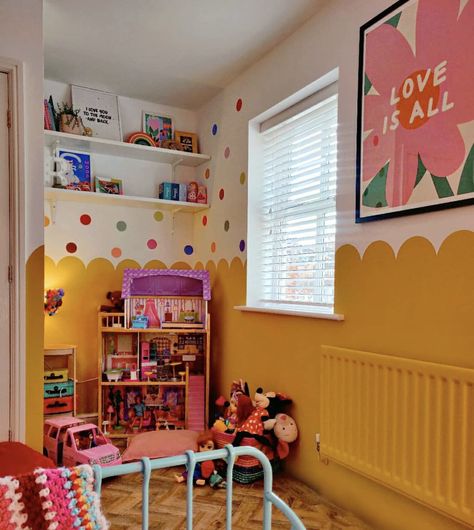 Yellow And Pink Kids Bedroom, Pink And Yellow Playroom, Kids Room Design Colorful, Kids Colourful Bedroom, Toddler Bedroom Girl Colourful, Small Nursery Decor Ideas, Pink And Yellow Toddler Room, Pink Purple Yellow Girls Room, Bright Colorful Nursery Ideas