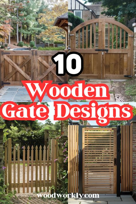 Looking for wooden gate designs? Discover stylish and functional gate ideas to enhance your property's curb appeal. Read the full article for inspiration and expert tips! #Woodworking #WoodenGates #HomeImprovement #DIYProjects #ExteriorDesign Back Gate Ideas Entrance, Fence Gate Ideas Metal And Wood, Simple Wooden Gate Designs, Wood Gates Ideas Entrance, Diy Wooden Gates Driveways, Garden Gate Design Ideas, Wooden Fences And Gates Backyards, Garden Gate Wood, Backyard Gate Entrance