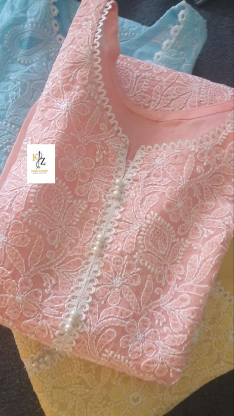 Couture, Chikenkari Dress Ideas Kurti Neck Design, Neck Designs For Chikankari Suits, Lucknowi Kurta Neck Designs, Chickenkari Kurta Designs, Chikan Kurti Neck Designs, Chikankari Kurti Neck Designs, Cotton Suits With Lace Design, Cotton Lace Neck Design