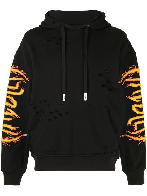 Black cotton Hac On Fire hoodie from HACULLA featuring drawstring hood, graphic-print sleeves, ripped detailing, front pouch pocket and elasticated cuffs. Sick Hoodies, Male Hoodie, Fire Hoodie, Running Bag, Streetwear Inspiration, Fire Designs, March 2023, Product Photos, Printed Sleeves