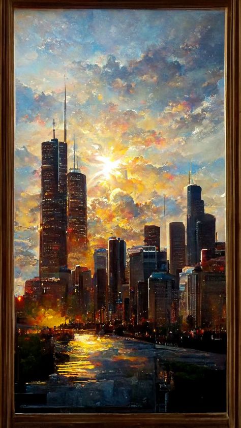 CHICAGO/PAINTING/SKYLINE/COLORED ---please follow my account--- --- Image courtesy of midjourney Tela, Chicago Skyline Art, Chicago Murals, Chicago Painting, Chicago Cityscape, Skyline Drawing, New York Landscape, New York Painting, Skyline Painting