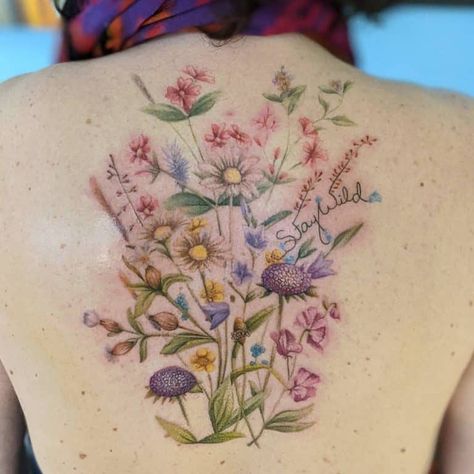 Top 51 Best Wildflower Tattoo Ideas - [2021 Inspiration Guide] Wildflower Tattoo Back, Wildflower Tattoo Ideas, Lilac Tattoo, Lower Leg Tattoos, Garden Tattoos, Bouquet Tattoo, Tattoo Back, Wildflower Tattoo, Plant Tattoo