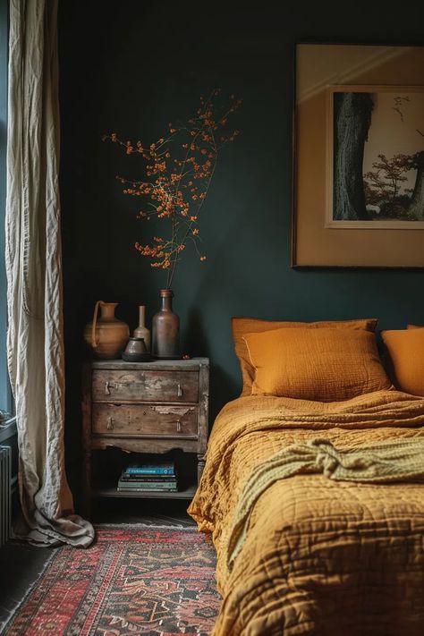 70+ Cozy Earthy Bedroom Ideas With Natural Elegance Rug Earth Tones, Forest Green And Terracotta Bedroom, Terracotta Master Bedrooms Decor, Green Bedroom Yellow Accents, Brown And Green Bedding Aesthetic, Cozy Peaceful Bedroom, Dark Green Bedroom Aesthetic Ideas, Geology Themed Bedroom, Cosy Earthy Bedroom