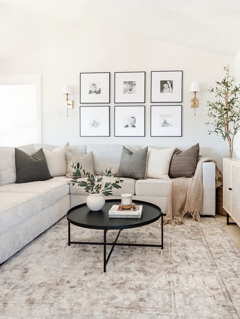 Boho Neutral Home Decor, Apartment Decorating Small Living Room, Living Room Decor Modern Organic, Sectional With Circle Coffee Table, White Sectional Couch Living Room Ideas, Tan Brown Couch Living Room Ideas, Gray Brown Couch Living Room, House Design Moody, Cozy Minimalistic Living Room