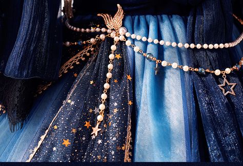 Celestial Fantasy Aesthetic, Celestial Fantasy Dress, Star Fantasy Aesthetic, Starry Dress Aesthetic, Sky Inspired Dress, Starry Clothes Aesthetic, Blue Regal Aesthetic, Sky Aesthetic Clothes, Fantasy Star Dress