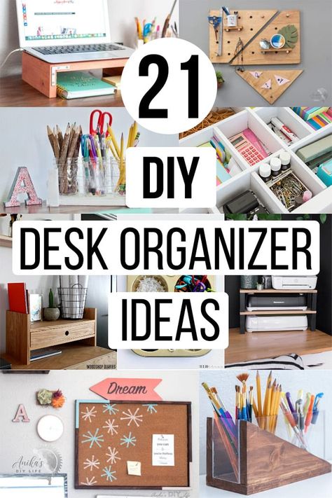 Easy DIY desk organizer ideas to get your workspace organized. These include easy scrap wood projects and upcycled ideas. #organization #homeoffice #anikasdiylife Diy Desk Organizer Ideas, Desk Organizer Ideas, Diy Bureau, Diy Desk Organizer, Easy Diy Desk, Work Desk Organization, Desk Organization Ideas, Upcycled Ideas, Clean Desk