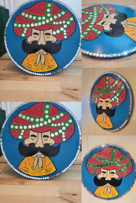 wall hanging, indian decor, rajasthan, welcome sign, namaste Rajasthani Wall Art, Rajasthani Man, Lippon Art, Men Wall Decor, Indian Wall Hanging, Traditional Mirror, Rajasthani Painting, Round Mirror Decor, Wall Pop