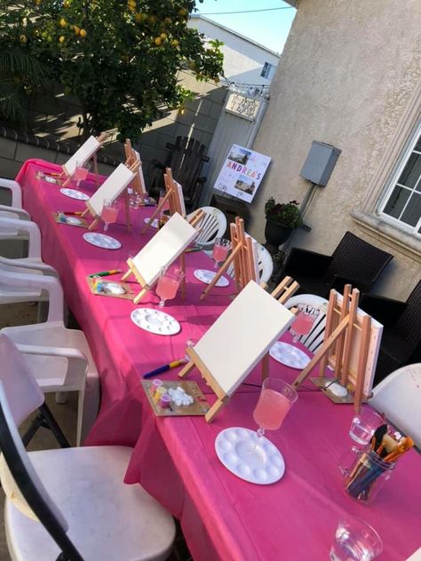 Sip And Paint Outside Ideas, Princess Painting Party, Pink Sip And Paint Party, Paint Night Table Set Up, Painting Birthday Party Aesthetic, Paint And Sip Table Decor, Paint And Sip Kids Party Ideas, Paint Party Table Set Up, Paint Party Set Up