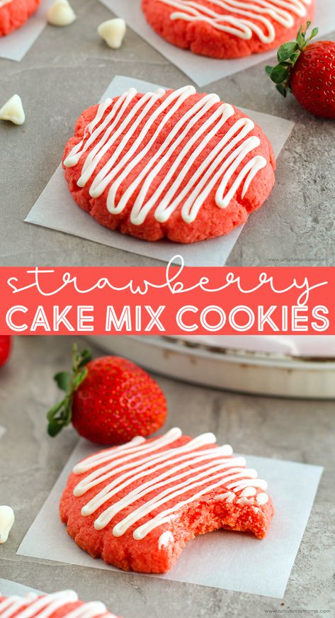 Strawberry Cake Mix Cookies | artsy-fartsy mama Capricorn Party, Strawberry Cake Cookies, 5 Ingredient Desserts, Strawberry Cake Mix Cookies, Delicious Strawberry Cake, Strawberry Crunch Cake, Strawberry Cake Easy, Strawberry Cake Mix, Cake Mix Cookie Recipes