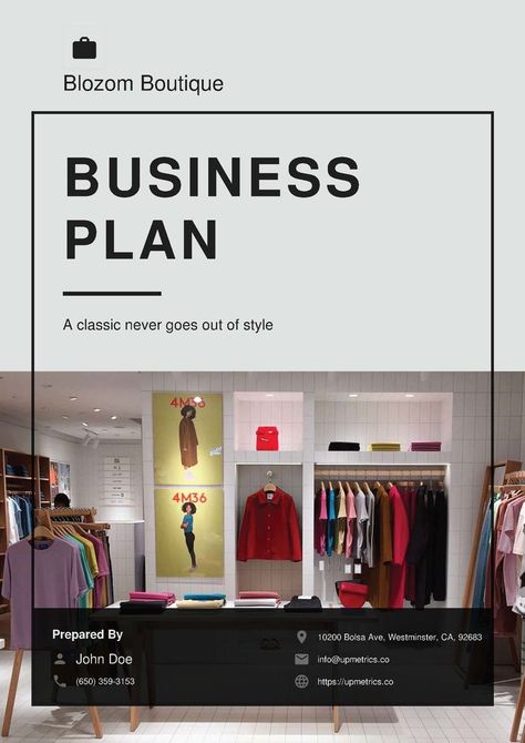 Download this Free business plan template cover page and customize it as per the needs of your business. You can also discover several handy business planning by visiting Upmetrics Business Plan Cover Page Design, Business Plan Cover Page, Boutique Business Plan, Free Business Plan Template, Fashion Business Plan, Business Plan Example, Cover Page Template, Free Business Plan, Boutique Business