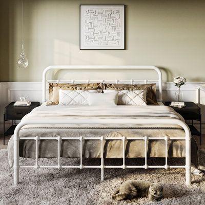 Metal Platform Bed Frame with Headboard and Footboard, Vintage Style Mattress Foundation, No Box Spring Required. Size: Queen, Color: White | August Grove® Andella Platform Bed Metal in White | 47.6 H x 60.6 W x 82.9 D in | Wayfair White Iron Beds, White Metal Bed Frame, Wrought Iron Bed Frames, White Metal Bed, Platform Bed Metal, Cama Queen Size, Wrought Iron Bed, Curved Bed, White Bed Frame