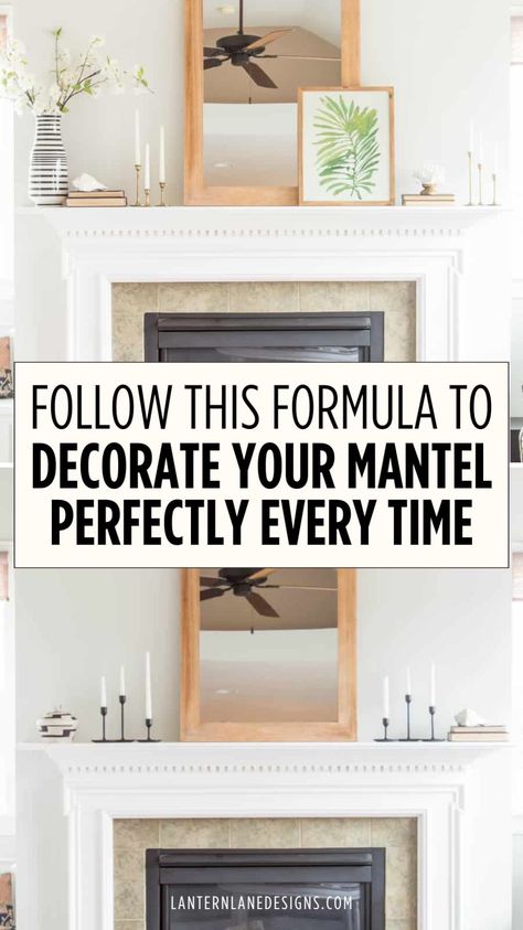 Find out how to make your fireplace the centerpiece of your home with our Fireplace Mantle Decor ideas. Our blog post guides you through various styles and accessories, including the perfect Fireplace Mirror, to help you create beautiful Fireplace Mantels that reflect your personal taste. Split Mantle Fireplace, Timeless Mantle Decor, Mantle Lamps Fireplace, Mantle Decorating Ideas With Art, Fireplace Decor With Pictures, Mantle Decor No Tv, Square Mirror Over Fireplace, Layered Picture Frames On Mantle, Round Mirror On Mantle