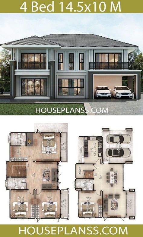 House Plans Design Idea 13.5x9.5 With 4 Bedrooms - House Detail Arsitektur, Pelan Rumah, Modern House Floor Plans, 2 Storey House Design, 4 Bedroom House Plans, House Plan Gallery, House Construction Plan, House Layout Plans, Architectural House Plans