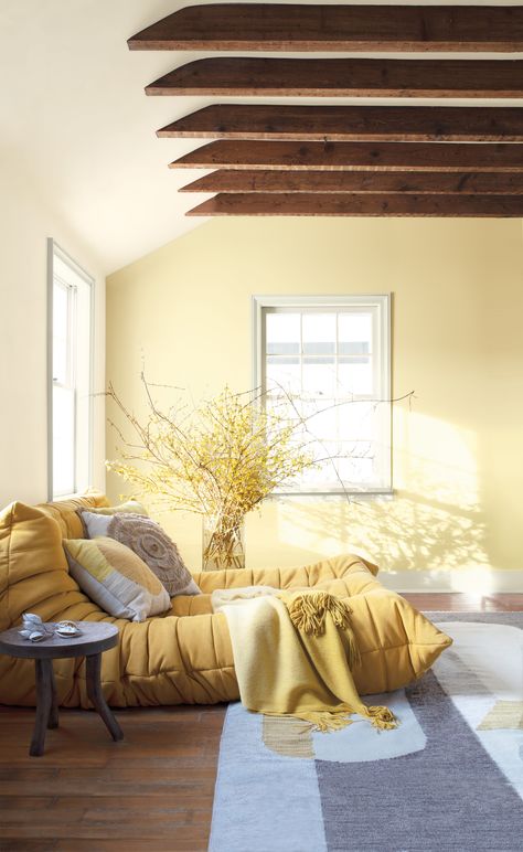 Pale Yellow Wall Paint, Pale Yellow Paint Colors Living Room, Pale Yellow Accent Wall, Pale Yellow Walls Bedroom, Yellow Bedroom Paint Colors, Benjamin Moore Pale Moon, Pale Moon Benjamin Moore, Pale Yellow Bedroom Walls, Pale Yellow Room