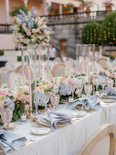 Spring Wedding Reception Tables, Fountain With Flowers Wedding, Wedding Florals Reception, Bridgerton Wedding Table Setting, Pastel Wedding Mood Board, Light Blue And Green Wedding Colors, Vintage Theme Wedding Reception, April Wedding Decor, Pastel Flowers Wedding Decoration