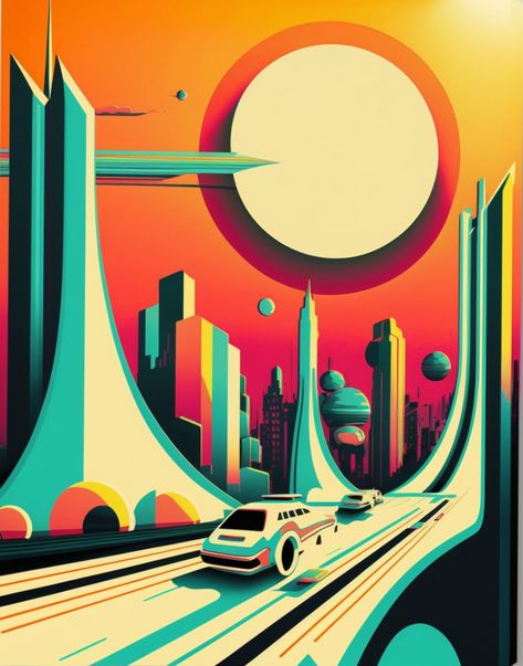 Futuristic Painting Artworks, Futuristic Drawing Ideas, Futuristic City Concept Art, Retro Futurism Poster, Futurism Poster, Futurism Design, Futurism Architecture, Retro Futurism Art, Futuristic Illustration