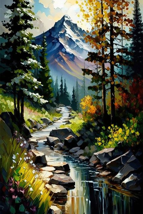 This breathtaking aesthetic mountainous landscape illustration showcases the beauty of nature in all its glory. The towering mountains in the background provide a stunning backdrop to the rolling hills and autumn trees in the foreground. The rocky stream running through the center adds a soothing touch to the serene scenery, creating a sense of calm and tranquility. #mountains #landscape #stream #aesthetic Over The Garden Wall Pumpkin, Outdoor Hot Tub Area, Canvas Drawings For Beginners, Easy Canvas Drawings, Drawing Ideas On Canvas, Stream Aesthetic, Couples Canvas Painting, Living Room Decor Tips, Room Decor Tips