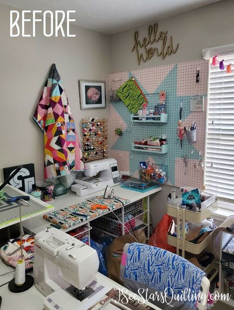 Room Makeover Organization, Quilting Rooms Studios, Sewing Room Makeover Ideas, Sewing Room Window Treatments, Storage For Sewing Room, Small Space Sewing Room Ideas, Longarm Room Ideas, Sewing Room Elfa, Quilting Room Decor