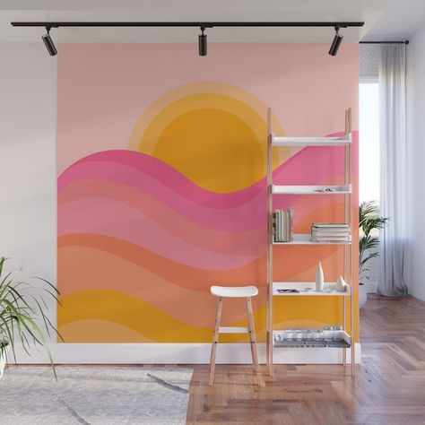 Colorful Modern Boho Sunset Wall Mural by Danielle Chandler Design Colorful Murals Bedroom, Sunset Wall Painting Bedrooms, Sunset Wall Mural Painting Diy, Sunset Wall Paint, Sunset Mural Bedroom, Sunset Room Decor, Boho Mural Wall, Ocean Bedroom Kids, Cute Wall Painting