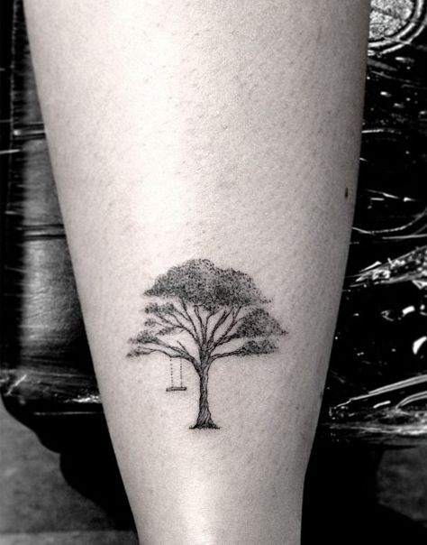 Tree swing | Tattoo artist: Dr. Woo in Los Angeles Small Tree Tattoo, Dr Woo Tattoo, Swing Tattoo, Design Tatuaje, Spiritual Tattoo, Oak Tree Tattoo, Dr Woo, Tree Tattoo Small, Moon Tattoos