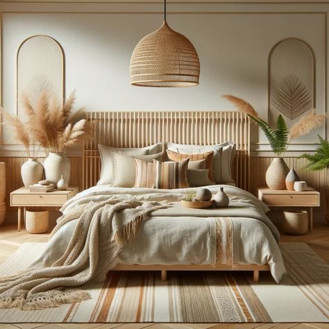 Bohemian Bed Throw, Bungalows Interiors, Boho King Bedroom Ideas, Bedroom Ideas Rattan, Tulum Inspired Bedroom, Design Room Aesthetic, Neutral Earthy Bedroom, Desert Theme Bedroom, Luxury Boho Bedroom